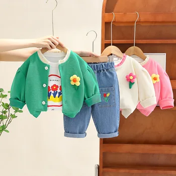 2023 Copilul Fetita Buton Sacou Costum Fete Aplicatiile de Flori Echipajul Bluze și Blugi Pantaloni Set 3pcs Toamna Haine pentru Copii