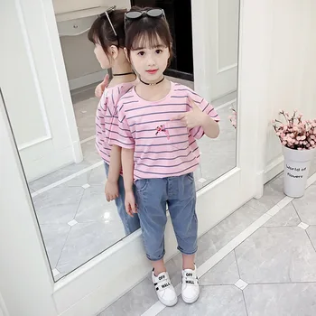 2023 Coreea De Vara Pentru Copii Cu Dungi Top Casual, Haine De Bumbac Imbracaminte De Bumbac Imprimare Maneci Scurte O-Gât Copii Haine Casual Top