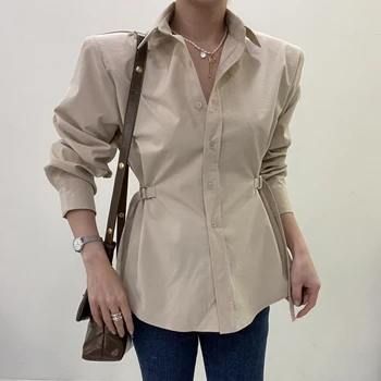 2023 Femei Rever Bluze Office Femei Moda Coreeană Cinched Talie Simplă Cămașă Din Bumbac Cu Maneca Lunga Nou Topuri Casual 28793