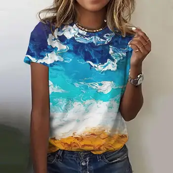 2023 Femei T-Shirt Ocean Print T Camasa pentru Femei de Vară O-Gat Maneci Scurte Casual Harajuku Stradă de Moda de Îmbrăcăminte Stil Nou