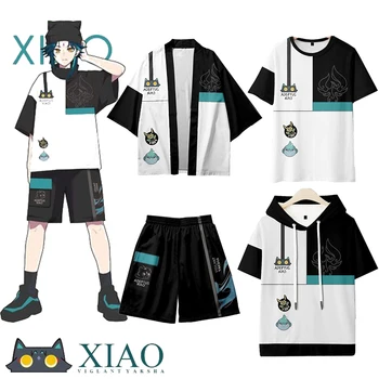 2023 Noi Genshin Impact Xiao Cosplay T-shirt și pantaloni Scurți Kimono Set de Vara cu Maneci Scurte Haori Mantie Streetwear Harajuku Gâfâi Topuri