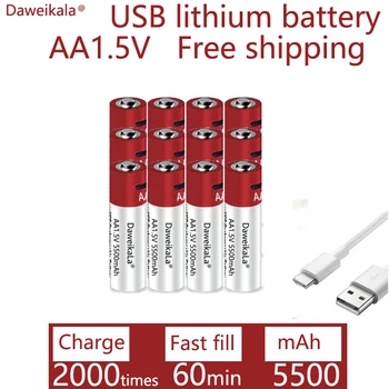 2023 Nou USB AA Baterii Reincarcabile 1,5 V 5500 mAh li-ion baterie pentru telecomanda mouseElectric jucărie baterie + Tip-C prin Cablu