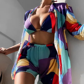 2023 Nouă Tendință Brazilian Femei Plajă Costum de Baie costum de Baie Sexy Colorate Halter Cu Capacul în Sus pantaloni Scurți, Costume de baie 4 piese Set de Bikini