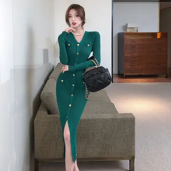 2023 Toamna Noua Moda Elegant V-Gât Rochie din Tricot pentru Femei cu Maneca Lunga Slim Fit Culoare Solidă la Mijlocul Lungime Wrap Fusta Șold B644