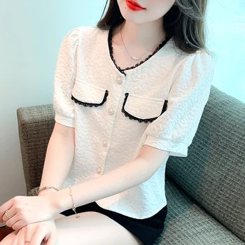 2023 Vara Coreene Noi V-Gât Lace Marginea Buzunar Unghii Șirag De Mărgele Pierdut Catarama Cu Mânecă Scurtă Femei Șifon Bluze Tricou