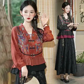 2023 chineză bluza vintage îmbunătățit hanfu topuri naționale de broderie flori v-gât lace mozaic cardigan oriental tang costum