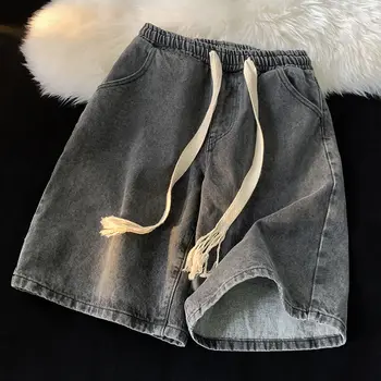 2023 Împletite Cordon pantaloni Scurti din Denim de Vară pentru Bărbați Subțire Brand de Moda Casual Mediu Pantaloni American Retro Liber Sfert Pantaloni