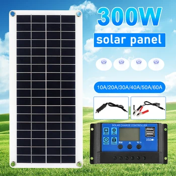 300W Panou Solar de Încărcare pentru Baterie de 12V Dual USB cu 10A 60A Controler Solar cu Celule Banca de Putere pentru Telefonul Acasă în aer liber Camping