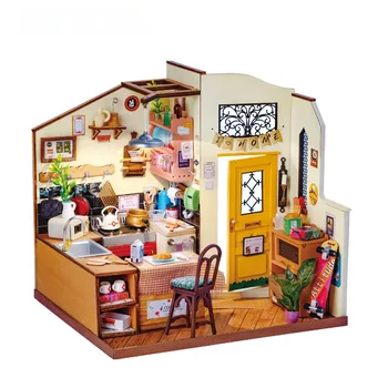 3D din Lemn DIY Păpuși Familiară Bucatarie in Miniatura Casă de Păpuși din Lemn Kit de Jucărie din Plastic Puzzle pentru Copii Case Papusa