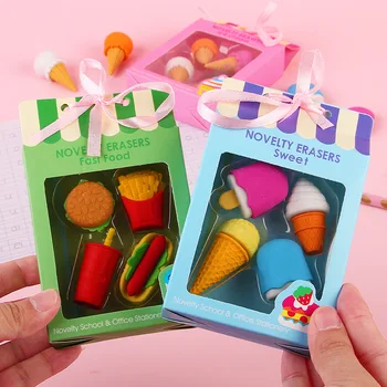 4BUC Kawaii Creative Tort Alimente Eraser pentru Copii de Crăciun, Cadou inghetata Hamburger Lollipop Detasabila Gumă de șters din Cauciuc Papetărie