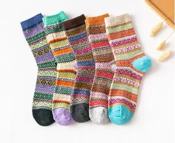 5 Perechi Mixte Unisex de Culoare Șosete Tricotate Iarna Îngroșat Și Caldă pentru Femei Șosete de Lână Val de Flori cu Dungi Stil Etnic Scurt Ciorap