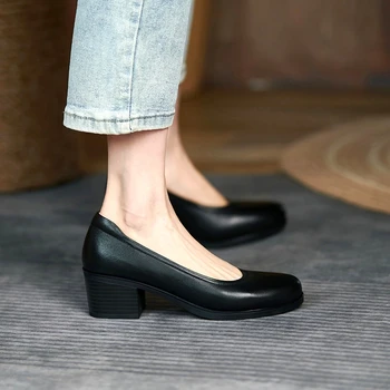 5CM Negru din Piele Femei Pompe Pătrat Pantofi cu Toc inalt, Plus Dimensiuni de 43 De Fata Rochie de Munca de Birou, Pantofi Pentru Femei de Înaltă Calitate
