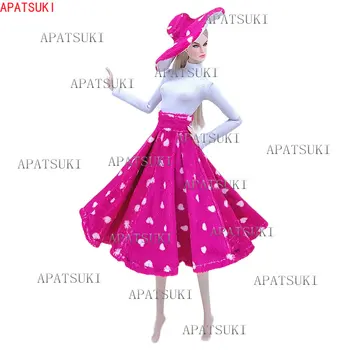 Alb Topuri Roz Polka Dot Fuste Pălărie Costume de Haine pentru Papusa Barbie Moda de zi cu Zi Casual Set Costum Copii Jucării DIY