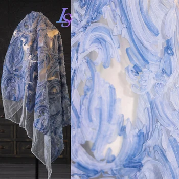 Albastru Model Floral Trei-dimensional Grele Textura Ochiurilor Fusta Tesatura Jacquard, Broderie Hanley Îmbrăcăminte Țesături de Designer