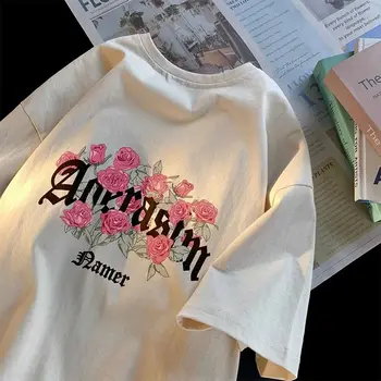 American Strada Personalitate Scrisoare Floare de Imprimare Grafic T-shirt pentru Bărbați și Femei Vrac Hip Hop Cuplu Casual Maneca Scurta Top