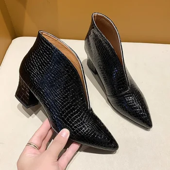 Apanzu Femei Tocuri inalte Primăvară Versatil Retro Indesata Unic de Pantofi Zapatos De Ascuțite Negre de piele de Femei Singure Pantofi