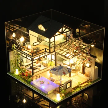 Casă de păpuși Chinezești din Lemn în Stil DIY Dublu Vila de Lux de Cerneală Lanting Handmade Casa Kituri de constructie cu Mobilier Case de Păpuși Jucării