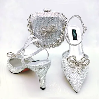 Cele mai recente Design Italian Frumoase Femei Pantofi si Genti Set ARGINT Culoare Orbitor Stil Potrivit pentru Rochie primeste asa ceva la nunta