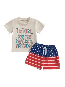 Copilul Băiat de 4 iulie Haine American Boy Short Sleeve T-Shirt statele UNITE ale americii de Pavilion de Imprimare pantaloni Scurți 2 buc Haine de Vară Set (Bej