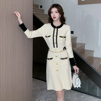 Coreeană Birou Doamnă Rochie Eleganta pentru Femei de Toamna/Iarna cu mâneci Lungi Gâtul Rundă Tricotate Genunchi Lungime Rochie de Moda Haine de sex Feminin