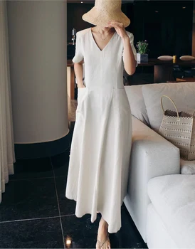 Coreeană chic short sleeve V-neck fusta lunga de moda liber de mari dimensiuni de buzunar dublu talie colecție de slăbire a-line rochie de maree