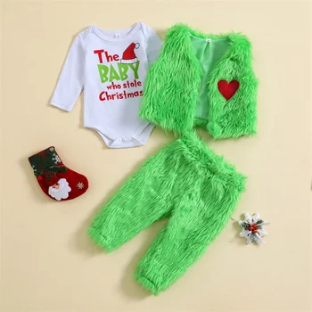 Crăciun 0-2Y Copii Fete Băieți Costume Scrisoare de Imprimare Echipajul Gât Maneca Lunga Salopetă Verde Veste de Blană, Pantaloni Lungi 3Pcs Set Haine