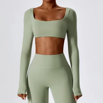 Culoare solidă strâns de gât pătrat moale Fitness Femei cu Maneci Lungi Yoga Tricou Top de Formare Antrenament de Alergare T-shirt Respirabil Deget Jack