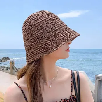 Curcubeu De Vara Cu Dungi Găleată Pălărie Croșetat Femeie Plaja Pescar Pălărie Pliabil Manual Țese Palarie De Soare De Sex Feminin Panama En-Gros