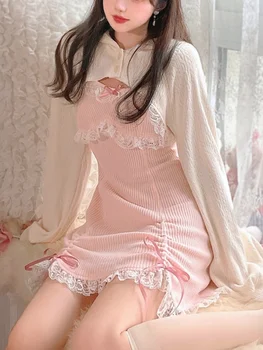 Dantela Japoneză Dulce Lolita Rochie pentru Femei Fundita Roz Kawaii Partid Rochie Mini femeii Albastru Printesa coreeană de Moda Rochie de Iarnă 2023