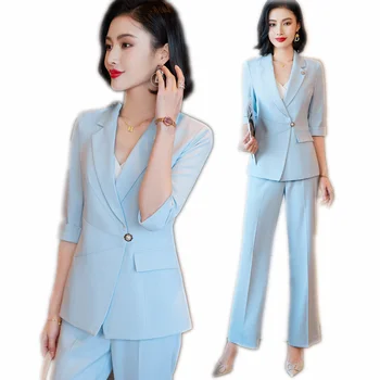 De Înaltă Calitate Coreea De Vară Costum Slim Femei Elegante Office Jumătate Cu Mâneci Sacou Casual Set Femme Jachete Pantaloni Largi Picior 2 Bucata