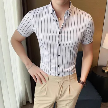 De înaltă Calitate Elasticitatea Cămăși cu Mânecă Scurtă pentru Bărbați de Vara cu Dungi Imprimate Slim Fit Camasa Hommes De Luxe Moda coreeană Topuri