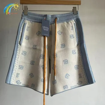 De înaltă Calitate de Caju Plin Jacquard Rhude Tricot pantaloni Scurți Bărbați Femei de Înaltă Calitate Cordon Dungă Îmbinat RHUDE Pantaloni scurți în Interiorul Tag-uri
