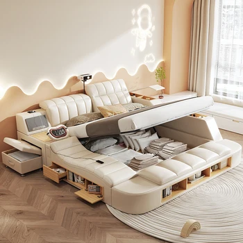 Design Modern, Multifuncțional Masaj de Lux din Piele Smart Pat cu Proiector King Queen-Size Acasă Mobilier de Dormitor