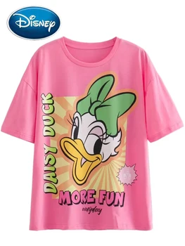 Disney 2023 Dulce Daisy Duck Scrisoare De Desene Animate De Imprimare T-Shirt De Moda Chic Pentru Femei Maneci Scurte O-Gât Pulover Tee Topuri Roz Sex Feminin