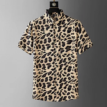 Europene și Americane de moda high-end leopard de imprimare tricou barbati maneca scurta top 2023 vară mătase respirabil liber camasa casual