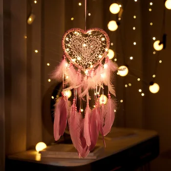 Fantezie Vis de Veghe cu LED String Gol Hoop Forma de Inima Pandantiv Pene Manual Lumina de Noapte Agățat de Perete Decor Acasă Cadou