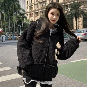Fata dulce Miel Haină de Lână pentru Femei în Toamna și Iarna cu Gluga Îngroșat Stil coreean Vrac Montarea Urs Bumbac Sacou Moda