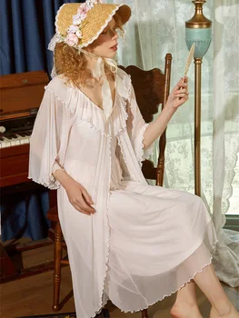 Femei De Primavara Toamna Victorian Sleepwear Franceză Vintage Curea De Spaghete Plasă De Printesa Camasa De Noapte, Halat De Două Bucata Set Zana Homewear