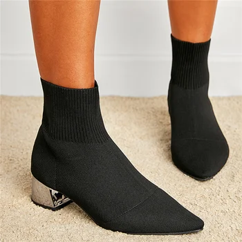 Femei Glezna Tricotate Cizme elastice 5cm Tocuri Platforma Bloc Pătrat Tocuri Joase Doamna Mama de Moda de Calitate Ciorap Botine Pantofi