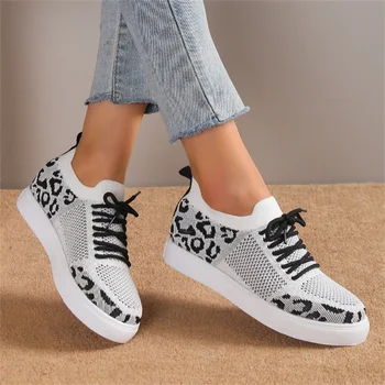 Femei Pantofi De Vara Leopard Print Cap Rotund Dantelă Sus Cu Fund Plat Confortabil Plasă De Pantofi Pentru Femei Adidas De Sex Feminin De Tenis Feminino