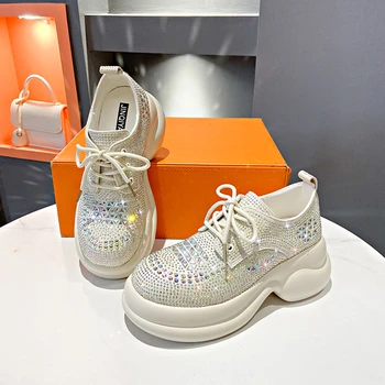 Femei Pantofi Platforma Pietre Nou 2023 Toamna cu talpi Groase Albe, Pantofi de Argint Stralucitoare de Cristal Adidași Tendință Adidasi Casual