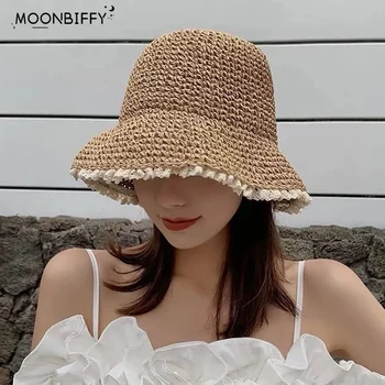 Femei Pălărie De Vară Pliabil Gol Retro Dantelă Asieta Pălărie De Paie Fete În Aer Liber, De Călătorie De Moda Casual Paie Vara Rece Pălărie Găleată Pălării