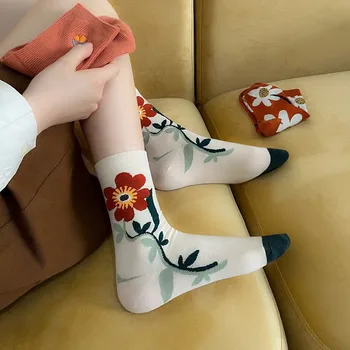 Femei Sosete De Bumbac Nobilă Floare De Imprimare Tendință De Versatil, Confortabil, Moale, Respirabil Coreean Dulce Stil De Colegiu La Mijlocul Ciorapi H109