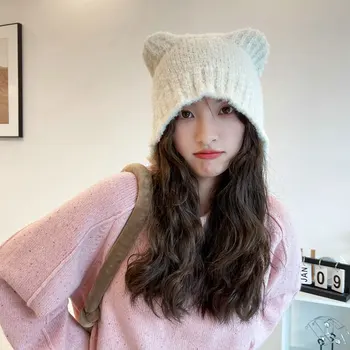 Femei Toamna Iarna Capul Mare Urs Drăguț Wool Beanie Hat Ureche Cald Pălărie De Protecție Versatil Fața Sac De Mici Cap Pălărie Tricotate Maree