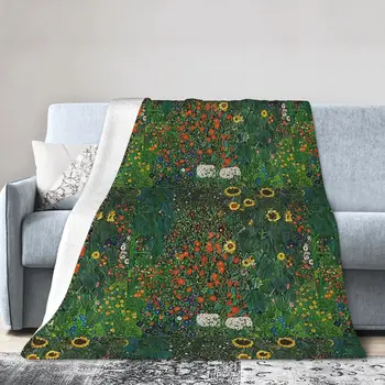 Ferma Gradina Cu Flori - Klimt Artistic Autocolant Pături Flanel Arunca Pătură pentru Pat cameră de zi Picnic Călătorie Acasă Canapea
