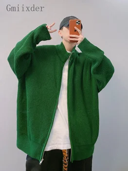 Fermoar Pulover tricotat Barbati Toamna Iarna High Street Streetwear Supradimensionat Verde la Modă Stand Guler de Sacou