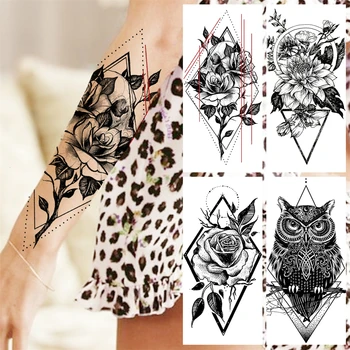 Geometrice De Flori De Trandafir Scheletul Brațului Tatuaje Temporare Pentru Femei Adulte Fata De Bufnita De Floarea-Soarelui Tatuaj Fals De Moda Brațul Tatuaje Lavabile