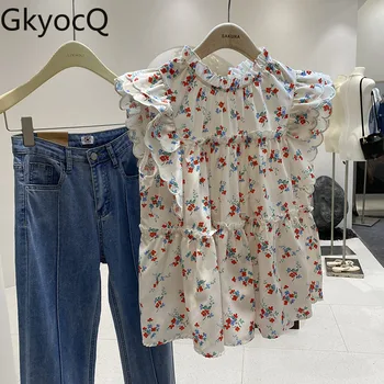 GkyocQ Epocă Dulce Bluza Femei Volane Floare De Imprimare De Vară Subțire De Sex Feminin Topuri De Moda Temperament Haine Supradimensionate Blusas