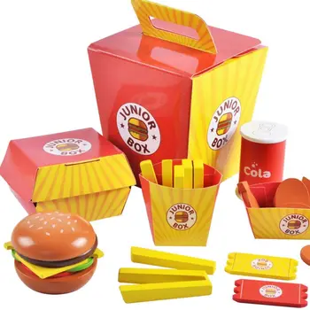 Hamburger de Lemn Pretinde a Juca Jucărie Găleată de Familie cartofi Prajiti Fast-Food Set Happy Meal Jucarii Puzzle pentru Copii