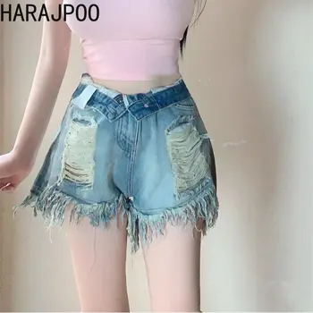 Harajpoo American Retro De Epocă Blugi În Dificultate Fundul 2023 Vara Fata Picante Talie Mare Margine Prime Pantaloni Slim-Linie Fierbinte Pantaloni